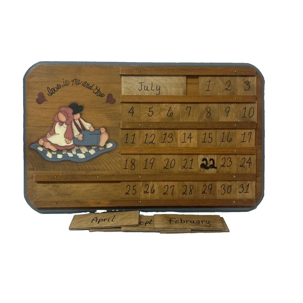 Vintage homemade wooden calendar interchangeable entres for each month Hearts